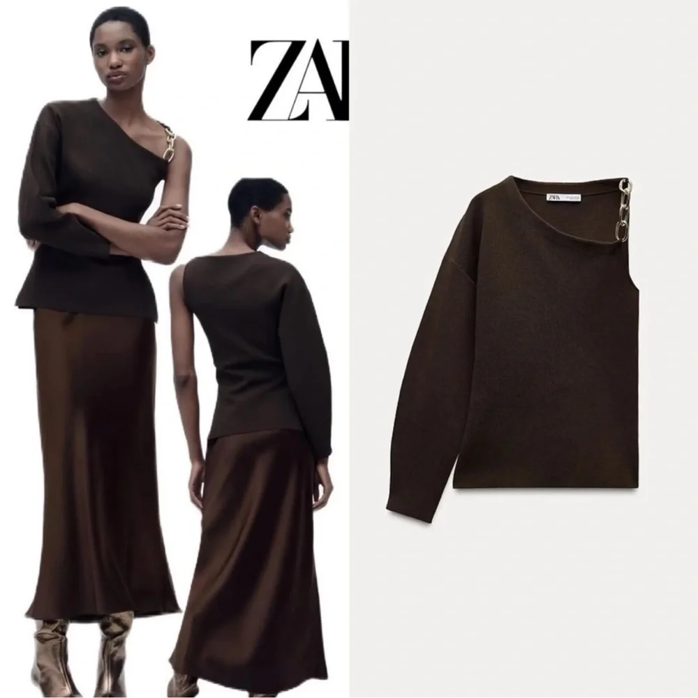 NWT Zara Asymmetric One Shoulder Knit Top w Gold Chain Chocolate Brown Sz S